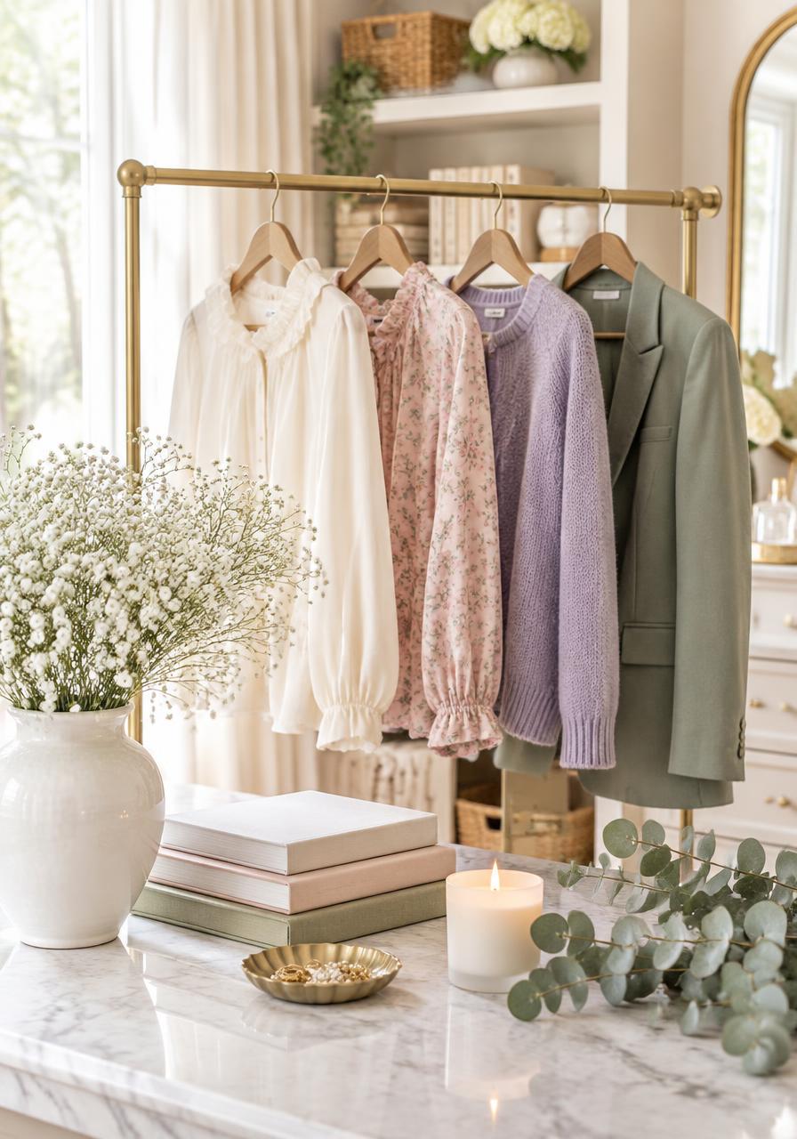 Clothing rail with a cream blouse, floral top, lavender cardigan and sage blazer